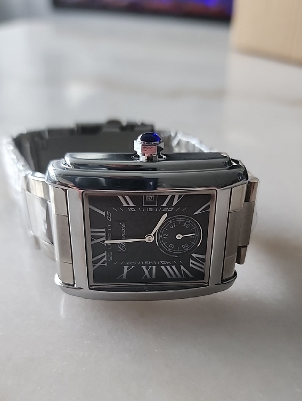 Men's Rectangular Stainless Steel Watch with Black Dial